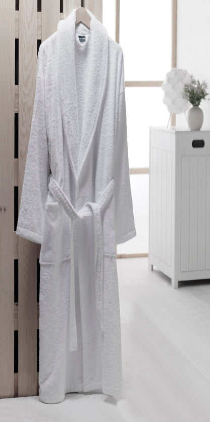 White Terry Cloth Turkish Cotton Shawl Collar Hotel Bathrobe - Unisex Italian Style Fitting - Single Robe by Classic Turkish Towels