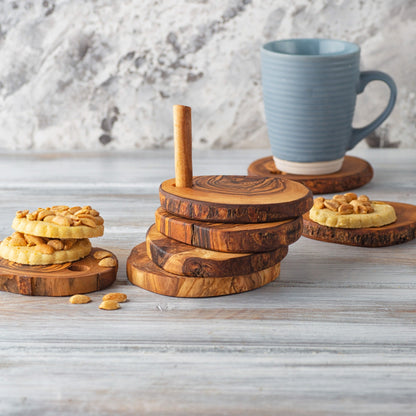 Olive Wood Coaster Set with Holder -7 Pcs by Choixe