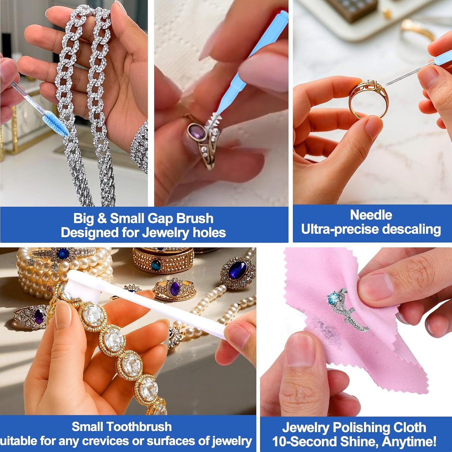 Jewelry Cleaning Kit-Ultrasonic Cleaner Machine(49K Hz,3 Modes),Gap Cleaning Brush and Polishing Cleaning Cloth for All Jewelry,Ring,Gold,Diamond,Earring,Sterling Silver,Eyeglass,Dentures