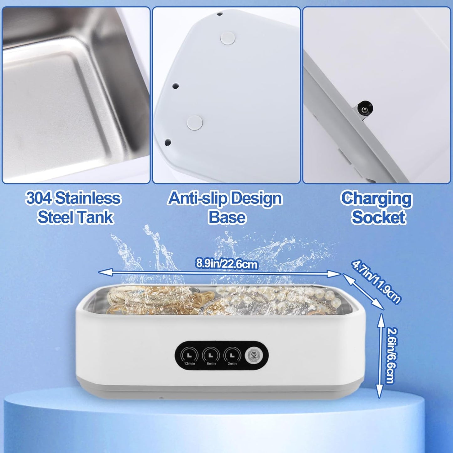 Jewelry Cleaning Kit-Ultrasonic Cleaner Machine(49K Hz,3 Modes),Gap Cleaning Brush and Polishing Cleaning Cloth for All Jewelry,Ring,Gold,Diamond,Earring,Sterling Silver,Eyeglass,Dentures