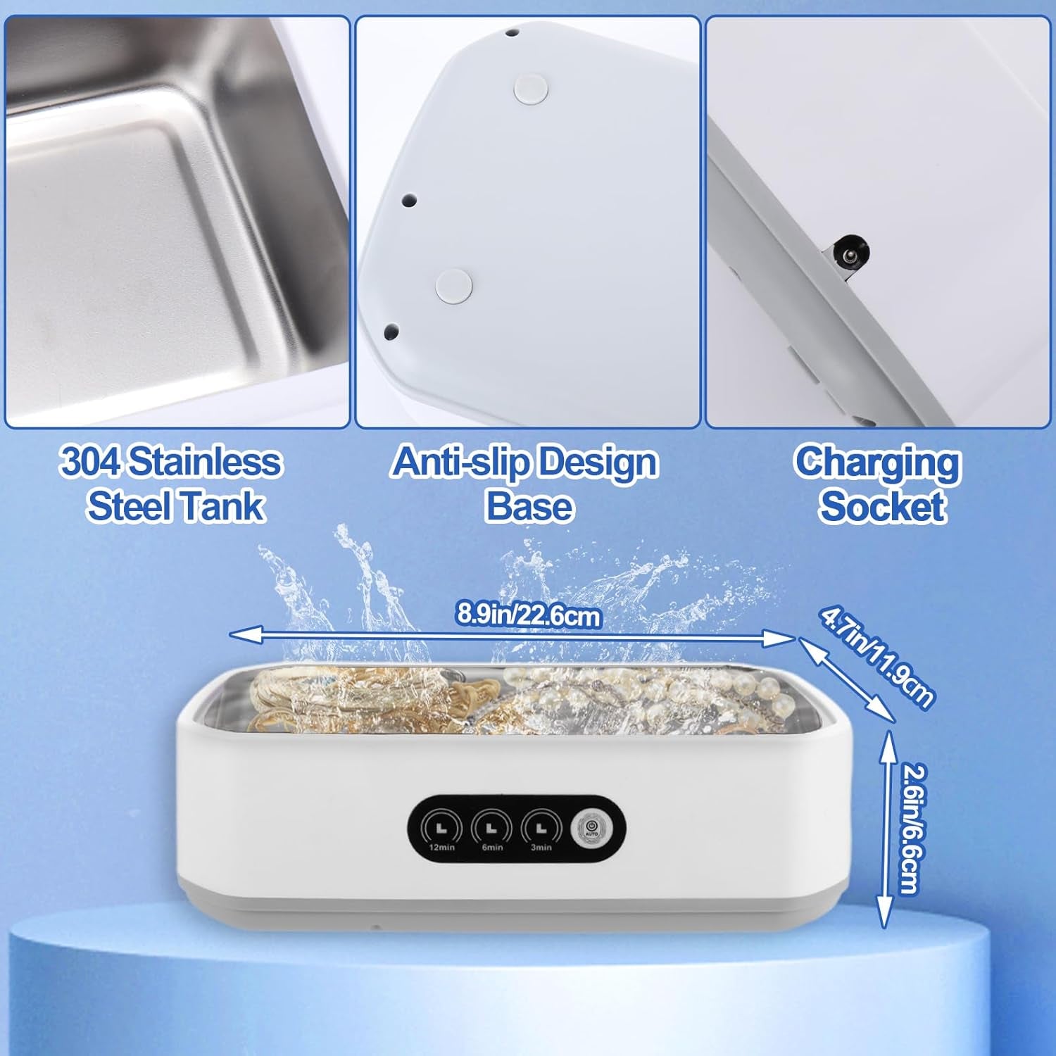 Jewelry Cleaning Kit-Ultrasonic Cleaner Machine(49K Hz,3 Modes),Gap Cleaning Brush and Polishing Cleaning Cloth for All Jewelry,Ring,Gold,Diamond,Earring,Sterling Silver,Eyeglass,Dentures