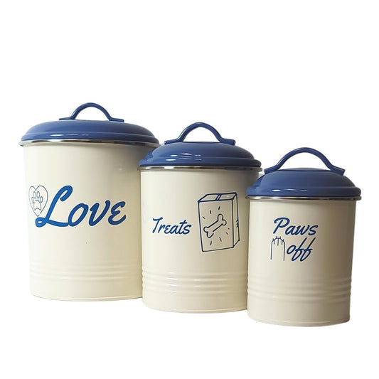 French Blue Pet Food and Treat Storage Canisters Set of 3