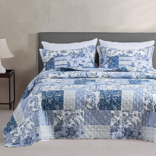 Kasentex Spring Vintage Blue Patchwork Floral Quilt Set - All Season Bedding, Room Decor, Graduation Gifts