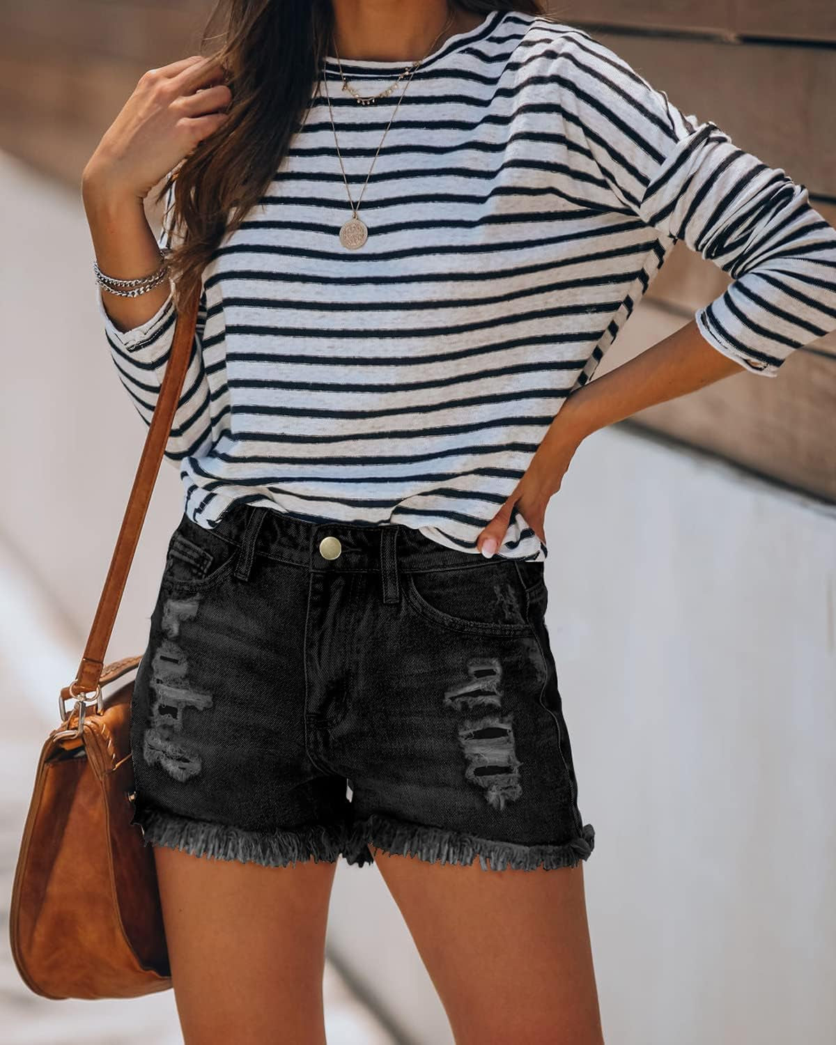 Women'S Denim Shorts Mid Waist Ripped Distressed