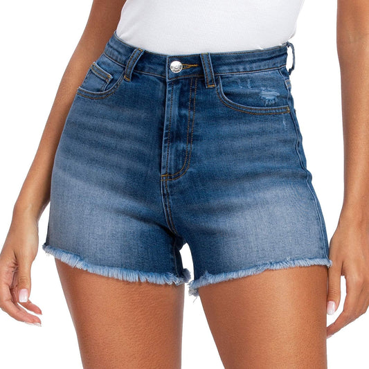Women'S High Waisted Denim Shorts Frayed Raw Hem Jeans Shorts Stretchy Shorts for Women Summer (8, 06 Dark Blue)