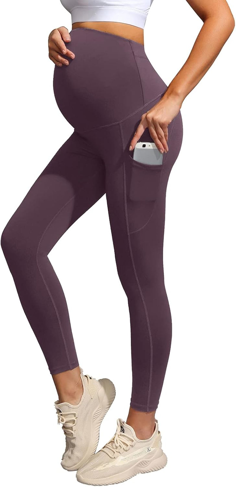 Women'S Maternity High Waist Yoga Pants/Leggings with Pockets Dark Purple L