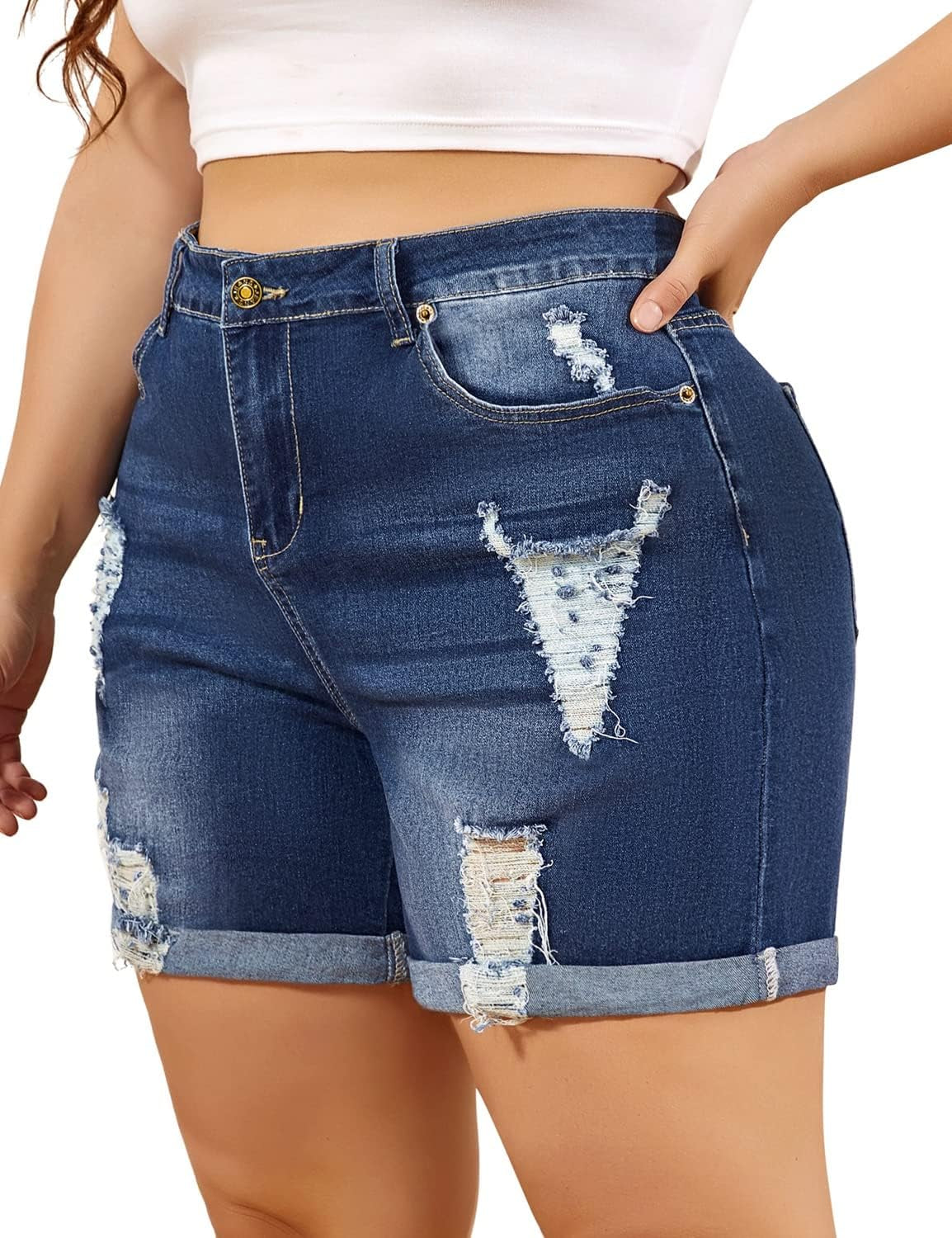 Women'S plus Size Denim Shorts High Waist Ripped Distressed Stretch Jean Shorts