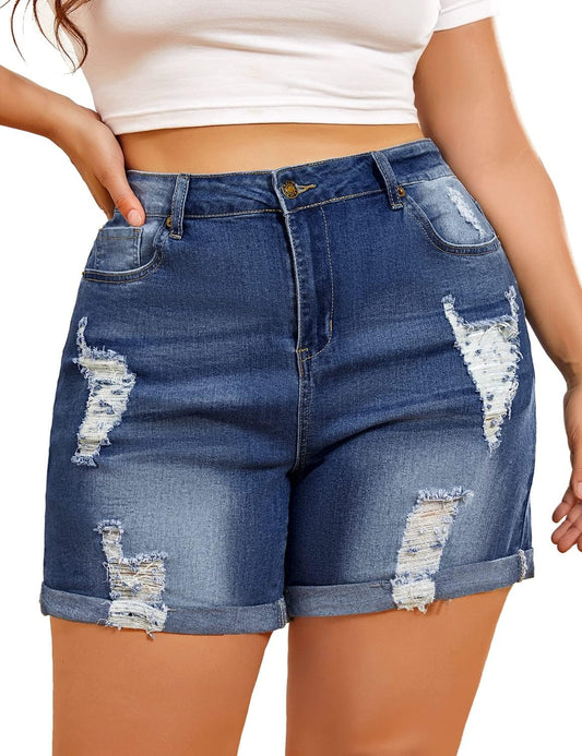 Women'S plus Size Denim Shorts High Waist Ripped Distressed Stretch Jean Shorts