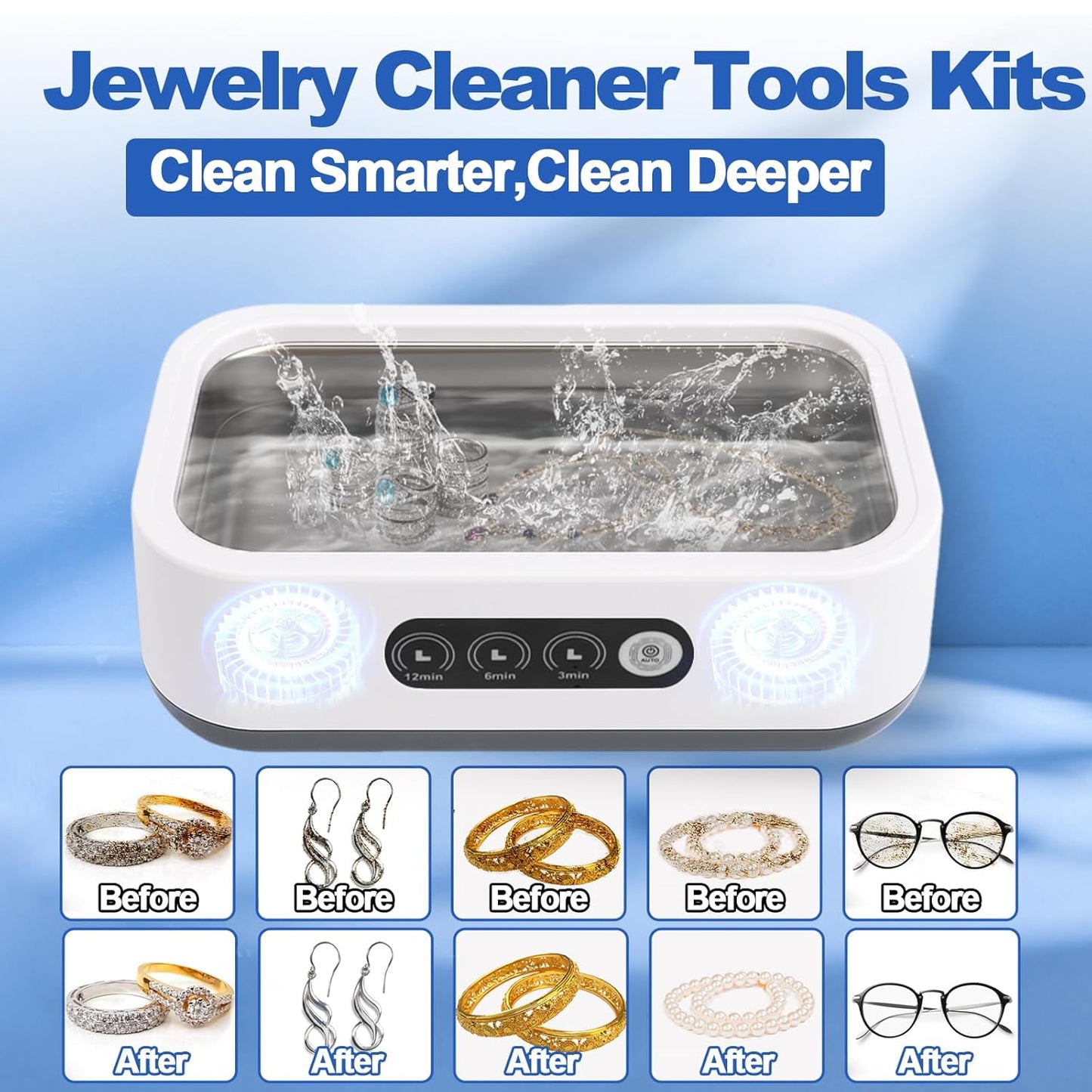 Jewelry Cleaning Kit-Ultrasonic Cleaner Machine(49K Hz,3 Modes),Gap Cleaning Brush and Polishing Cleaning Cloth for All Jewelry,Ring,Gold,Diamond,Earring,Sterling Silver,Eyeglass,Dentures