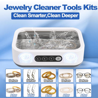 Jewelry Cleaning Kit-Ultrasonic Cleaner Machine(49K Hz,3 Modes),Gap Cleaning Brush and Polishing Cleaning Cloth for All Jewelry,Ring,Gold,Diamond,Earring,Sterling Silver,Eyeglass,Dentures