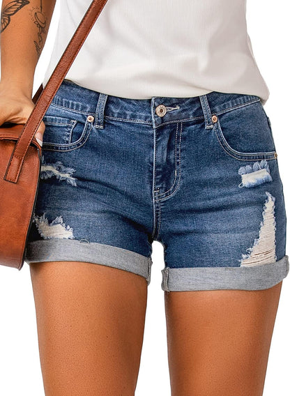 Women Mid Rise Stretch Denim Shorts Ripped Cuffed Hem Jean Shorts