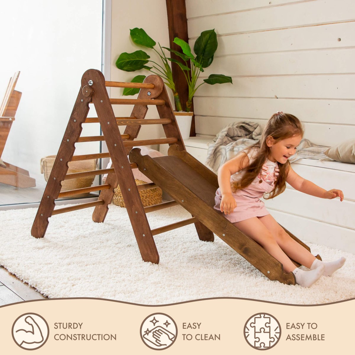 2in1 Montessori Climbing Frame Set: Triangle Ladder + Slide Board/Ramp – Chocolate by Goodevas