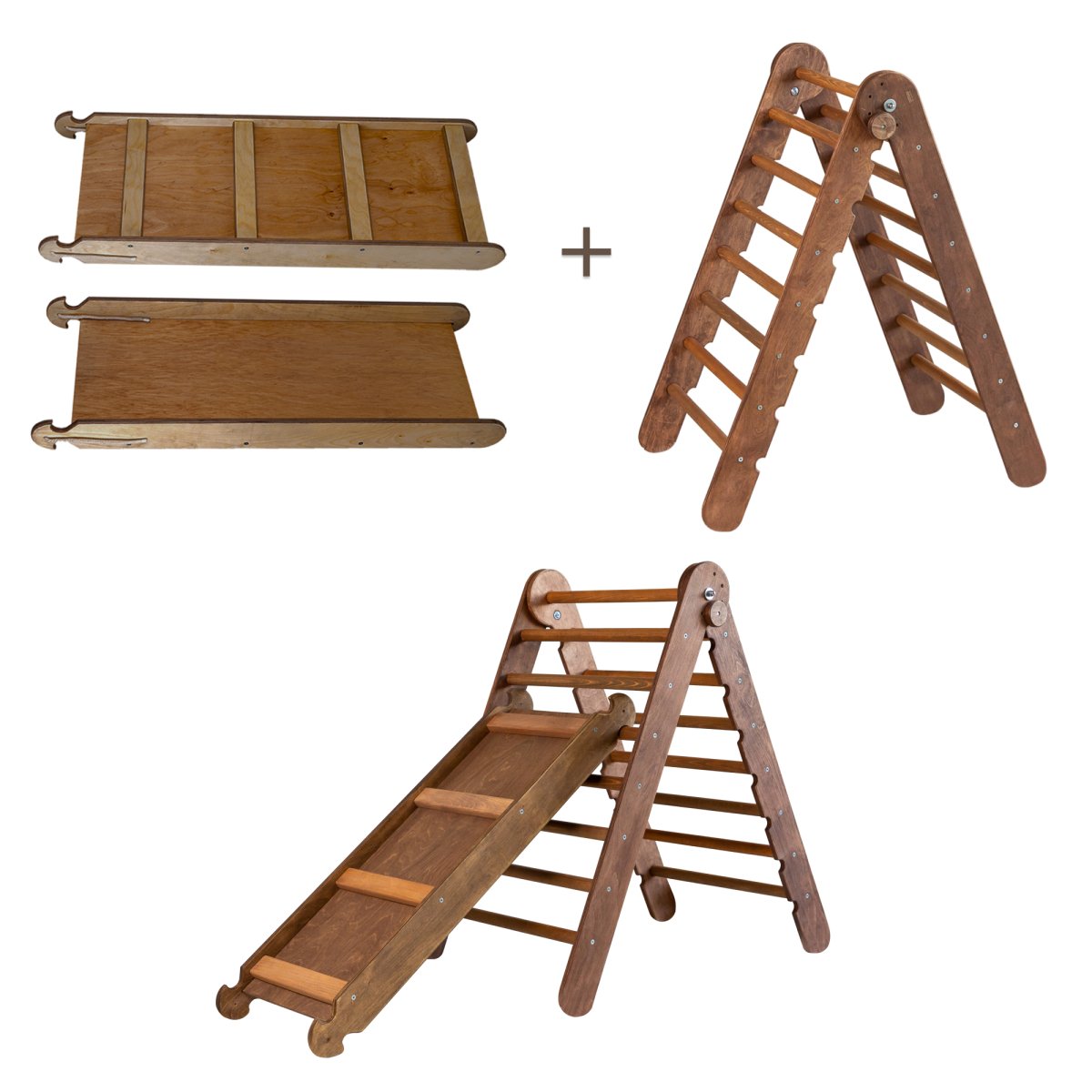 2in1 Montessori Climbing Frame Set: Triangle Ladder + Slide Board/Ramp – Chocolate by Goodevas