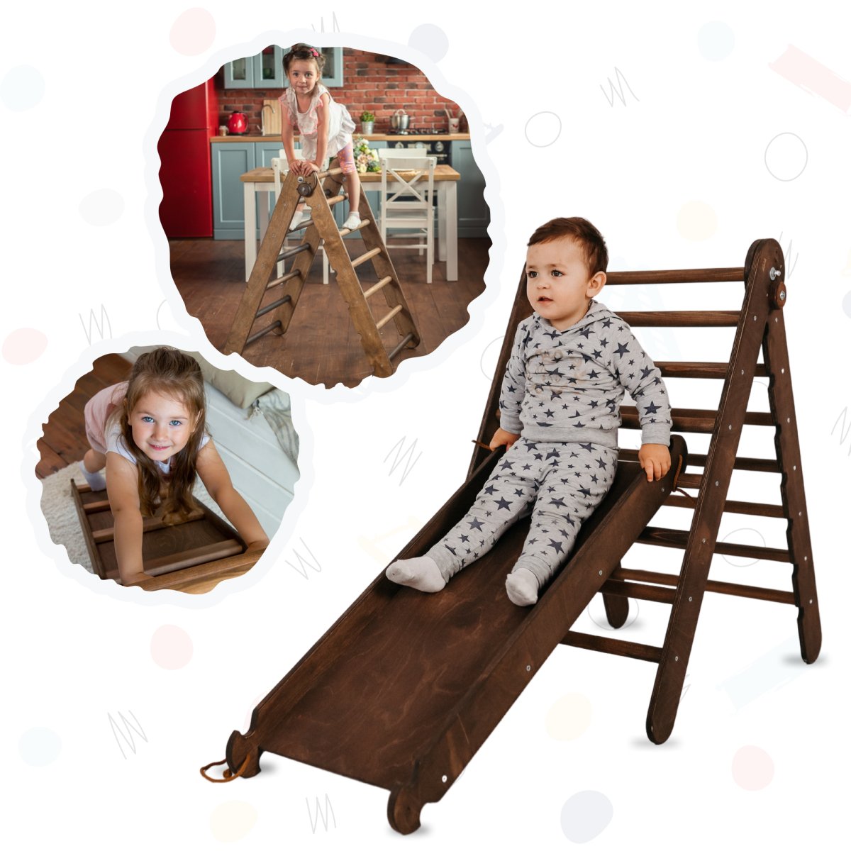 2in1 Montessori Climbing Frame Set: Triangle Ladder + Slide Board/Ramp – Chocolate by Goodevas