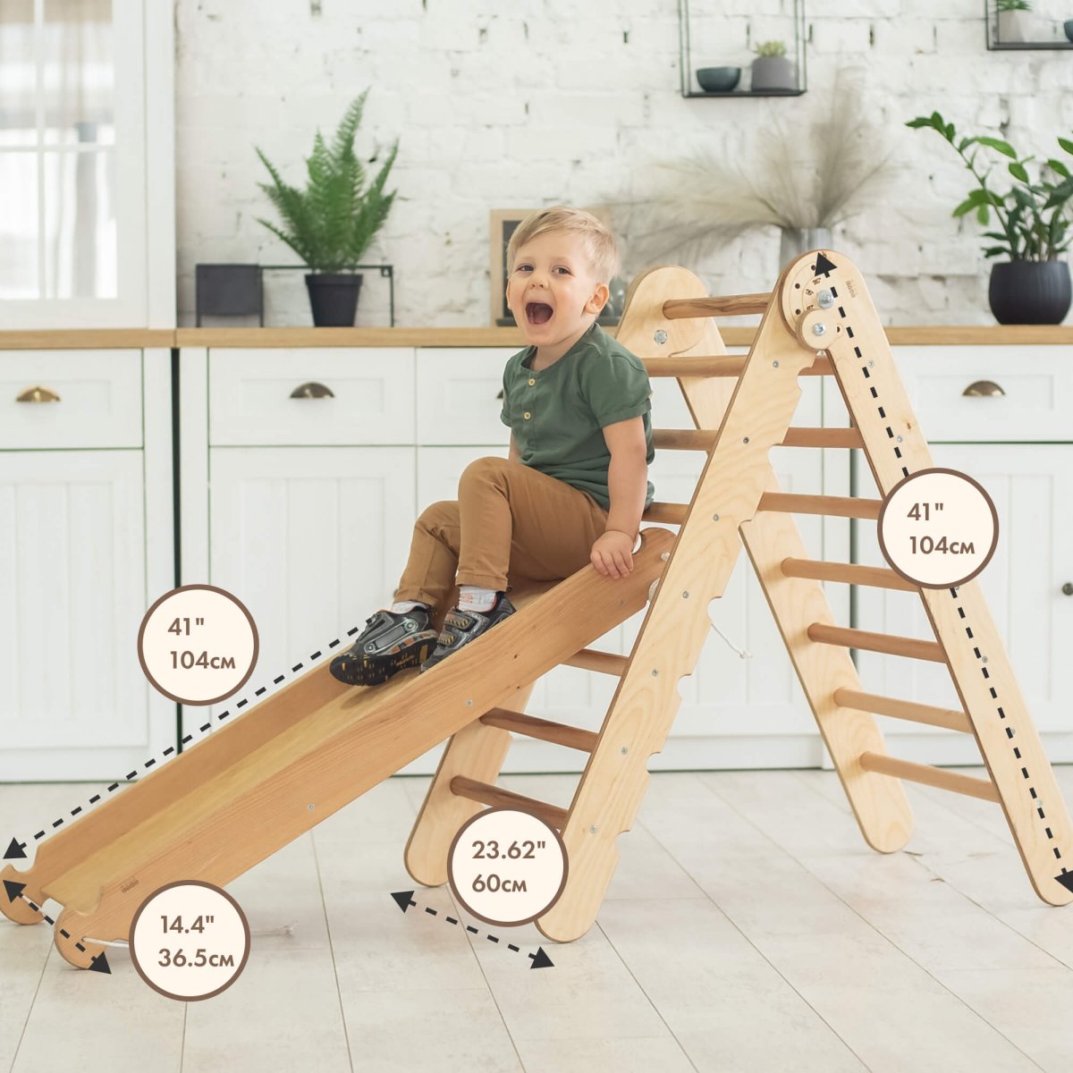 2in1 Montessori Climbing Set: Triangle Ladder + Slide Board/Ramp – Beige by Goodevas