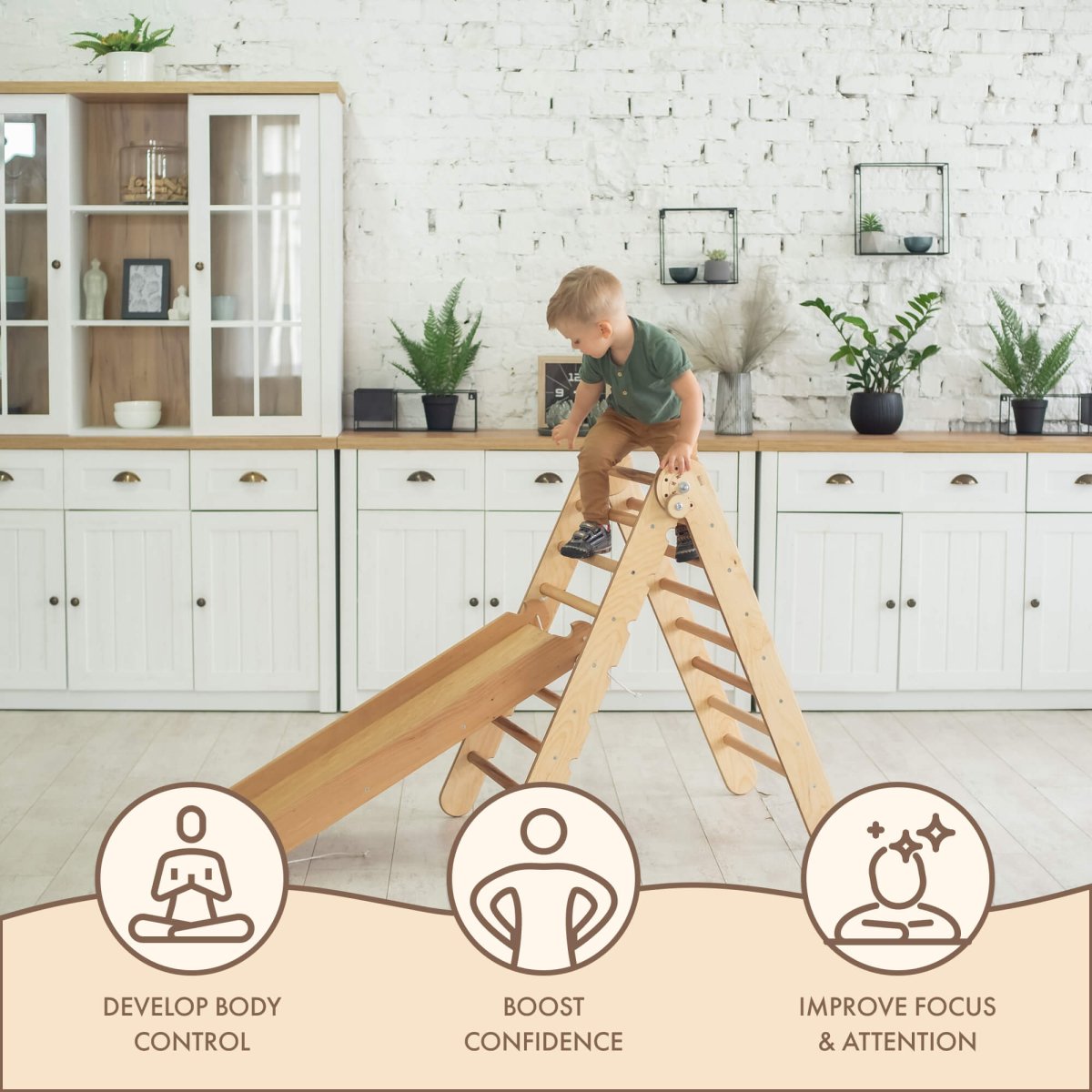 2in1 Montessori Climbing Set: Triangle Ladder + Slide Board/Ramp – Beige by Goodevas