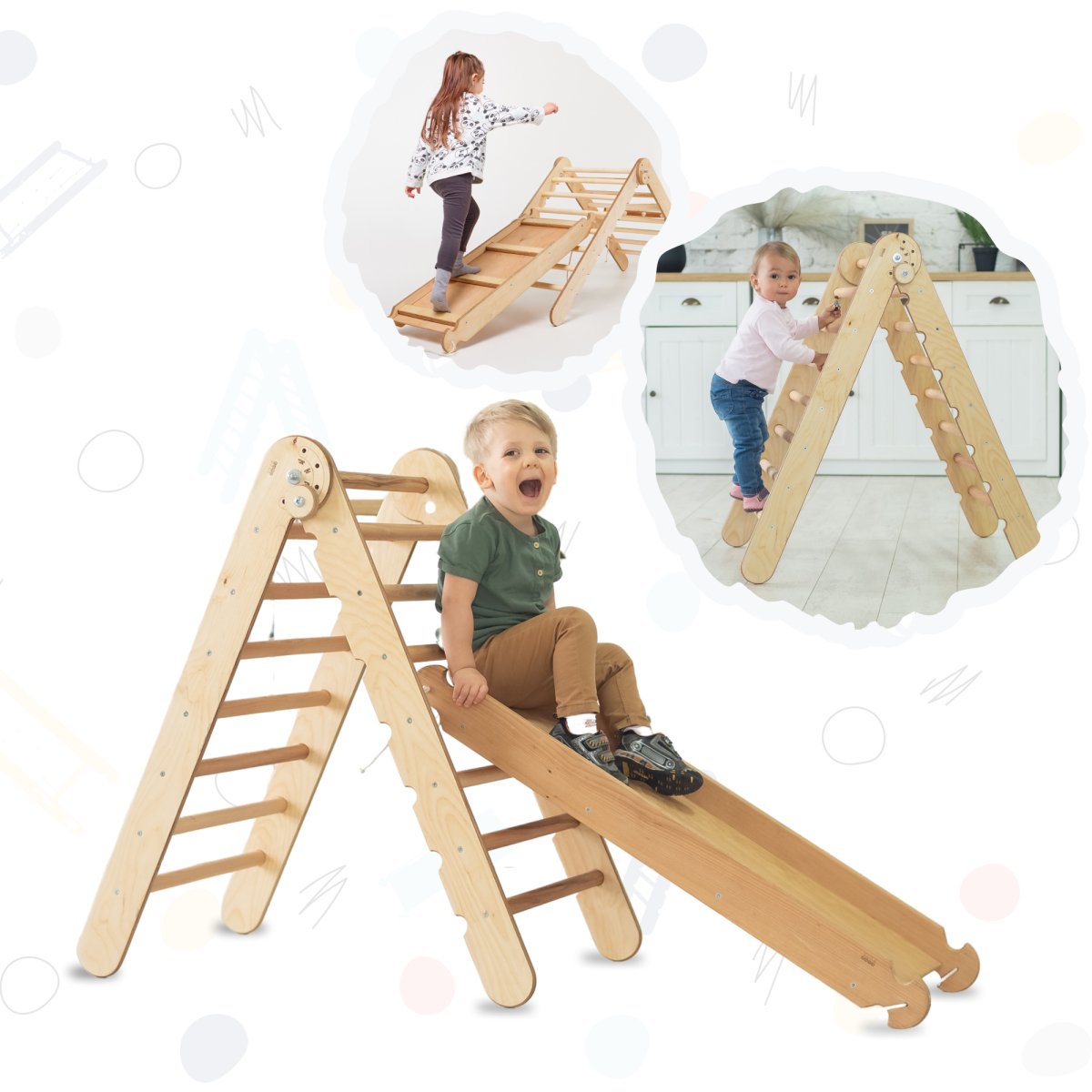 2in1 Montessori Climbing Set: Triangle Ladder + Slide Board/Ramp – Beige by Goodevas