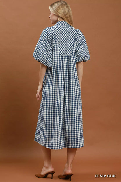 Umgee Puff Sleeve Plaid Midi Dress