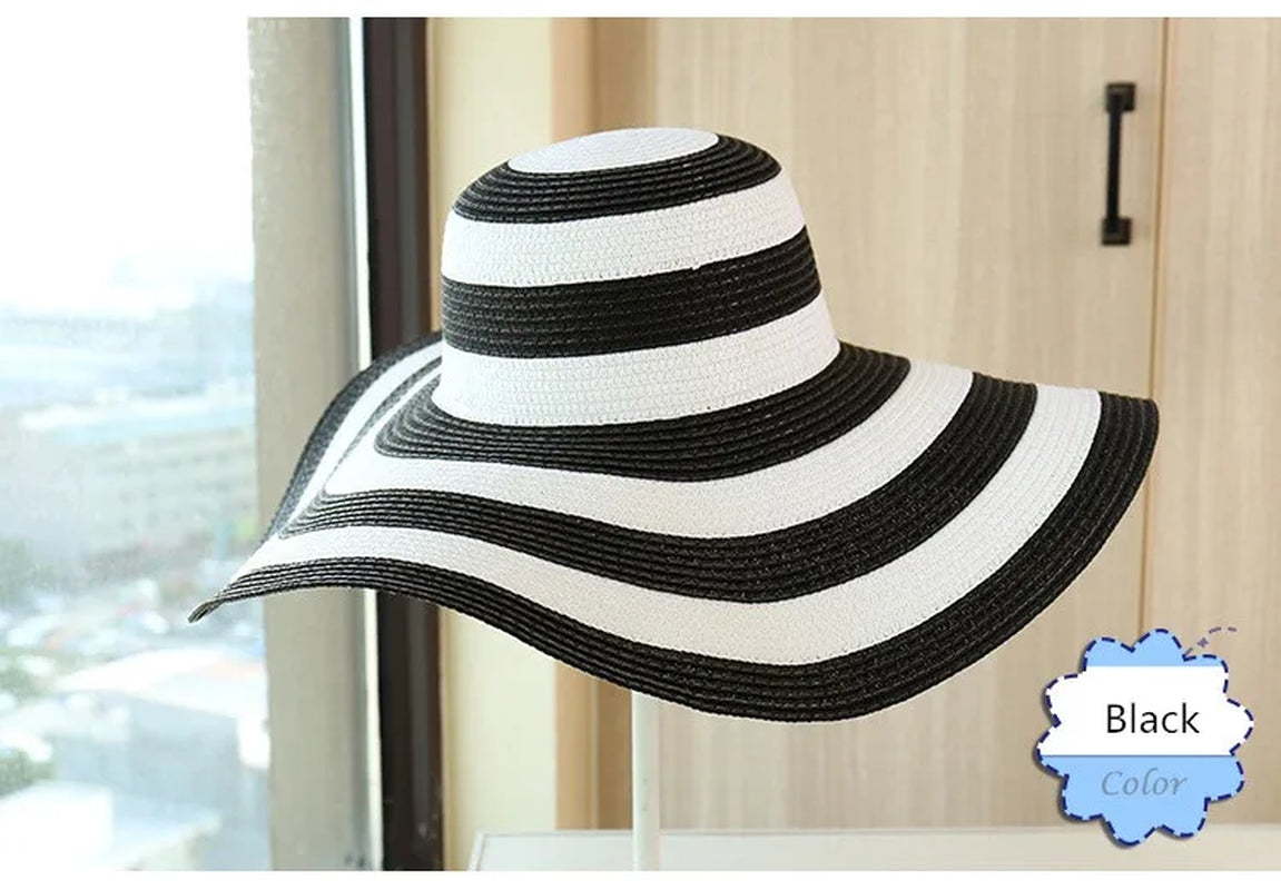 Hot Women'S Casual Straw Hats Girls Outdoor Striped Patchwork Paper Sun Hats New Summer Adult Flap Large Brim Beach Cap Gorras