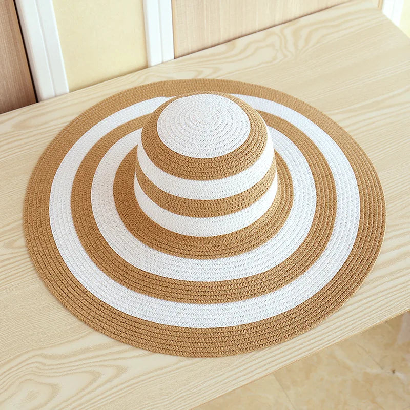 Hot Women'S Casual Straw Hats Girls Outdoor Striped Patchwork Paper Sun Hats New Summer Adult Flap Large Brim Beach Cap Gorras