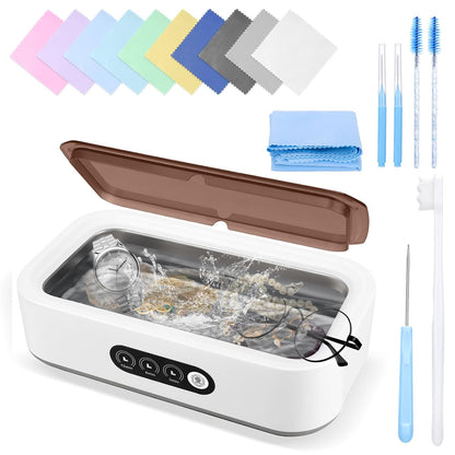 Jewelry Cleaning Kit-Ultrasonic Cleaner Machine(49K Hz,3 Modes),Gap Cleaning Brush and Polishing Cleaning Cloth for All Jewelry,Ring,Gold,Diamond,Earring,Sterling Silver,Eyeglass,Dentures