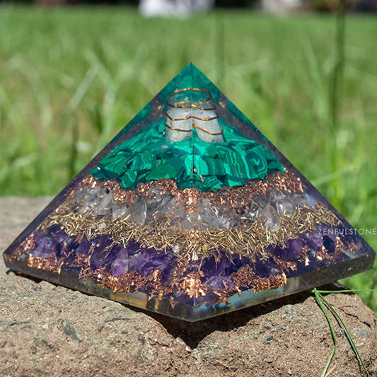 Malachite Rose Quartz Amethyst Orgonite Pyramid with Clear Quartz Crystal and Copper Coil by Peacefful Intentions