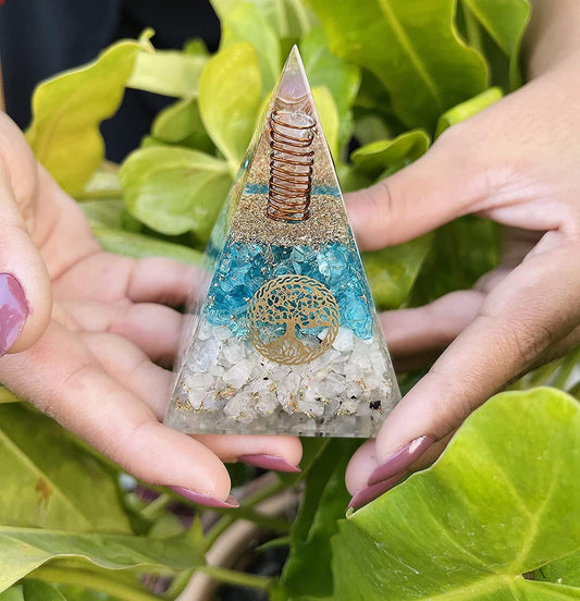 Aquamarine Moonstone Nubian Tree of Life Orgonite Pyramid with Clear Quarz Crystal and Copper Coil by Peacefful Intentions