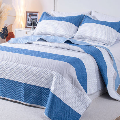 Kasentex Spring Lightweight Reversible Stripe Quilt Set Bedding- Sky Blue and Ivory White, Room Decor, Graduation Gifts, Father's Day Gift