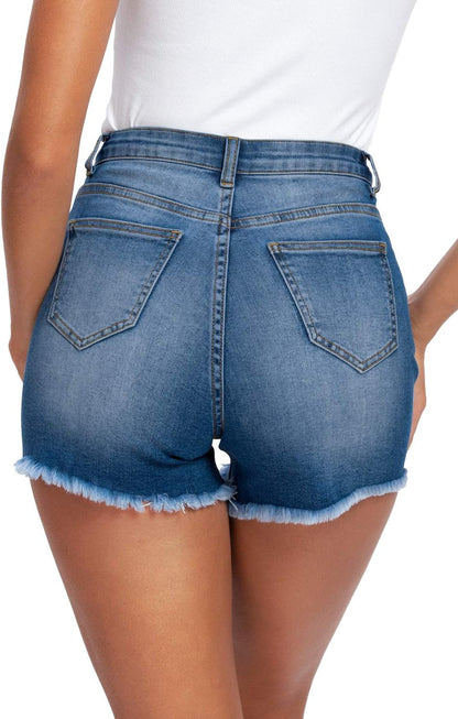 Women'S High Waisted Denim Shorts Frayed Raw Hem Jeans Shorts Stretchy Shorts for Women Summer (8, 06 Dark Blue)