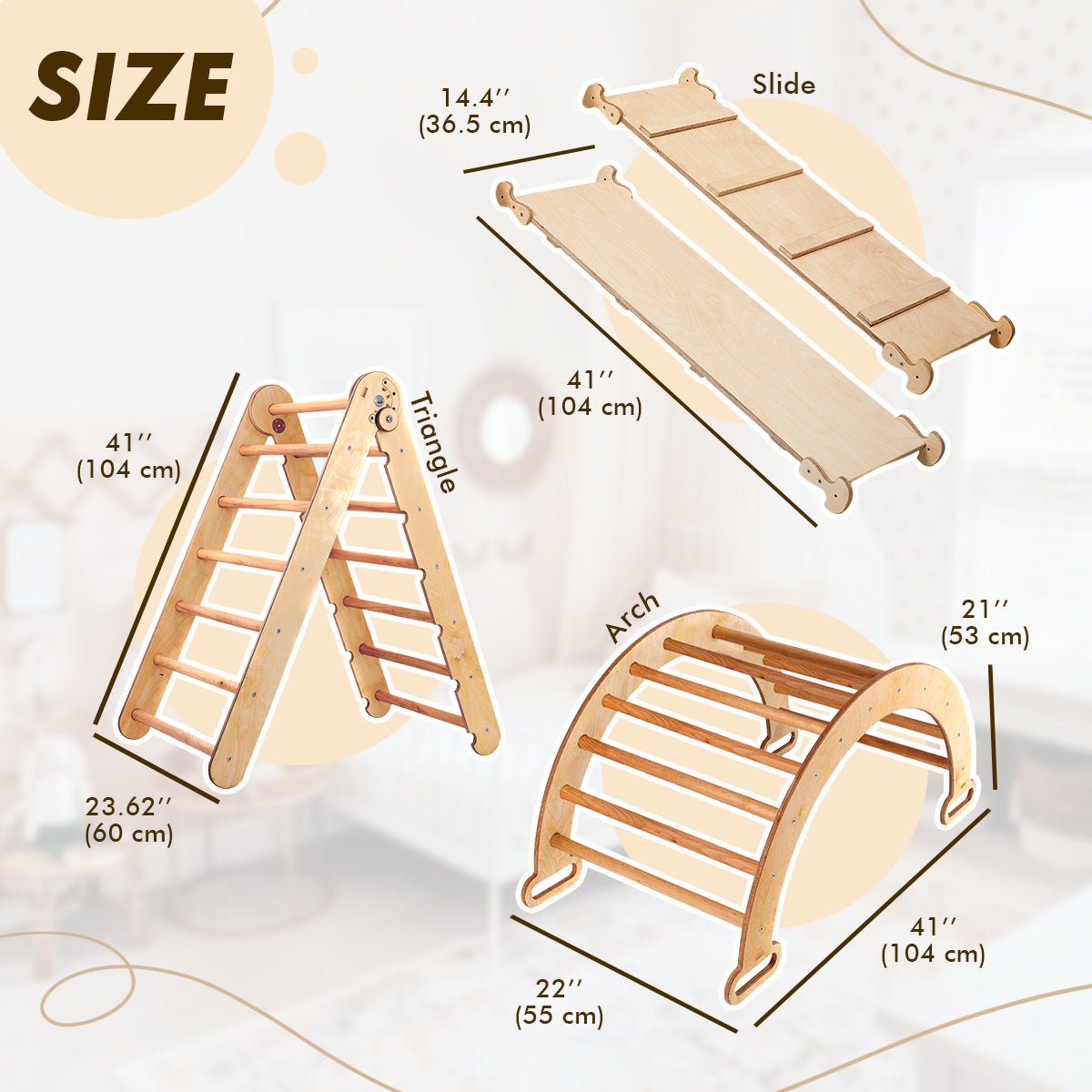 3in1 Montessori Climbing Set: Triangle Ladder + Wooden Arch + Slide Board – Beige NEW by Goodevas