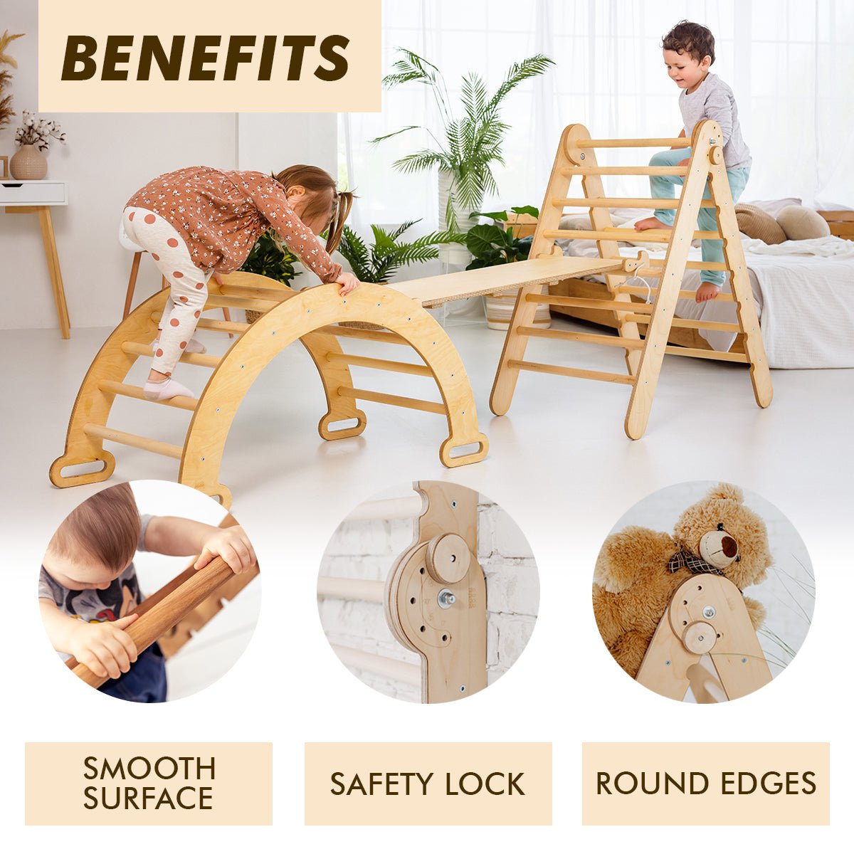 3in1 Montessori Climbing Set: Triangle Ladder + Wooden Arch + Slide Board – Beige NEW by Goodevas