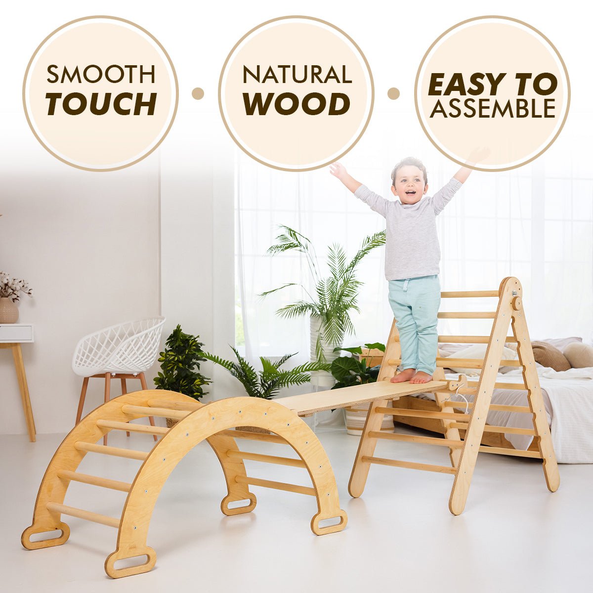 3in1 Montessori Climbing Set: Triangle Ladder + Wooden Arch + Slide Board – Beige NEW by Goodevas