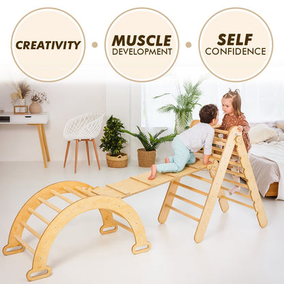 3in1 Montessori Climbing Set: Triangle Ladder + Wooden Arch + Slide Board – Beige NEW by Goodevas