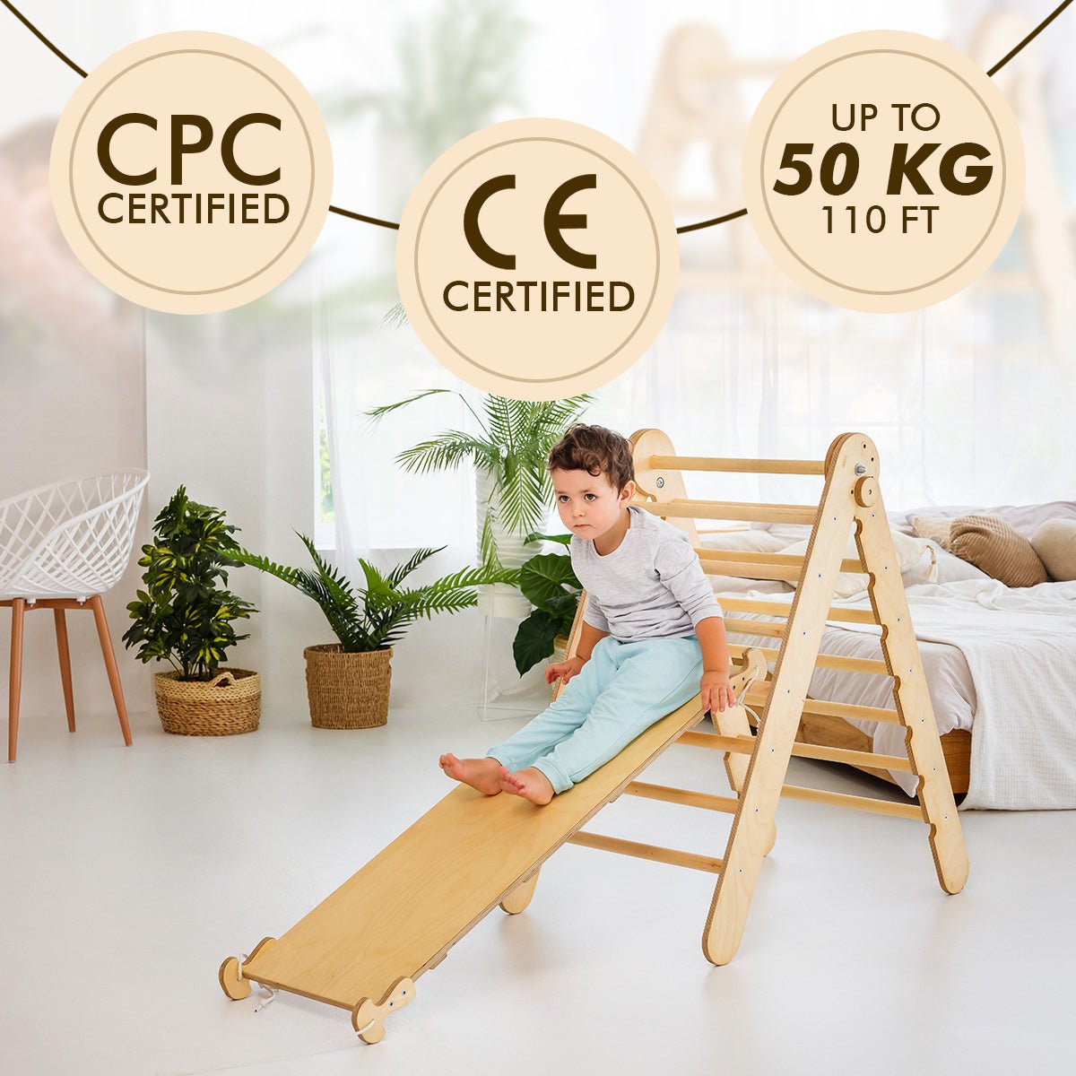 3in1 Montessori Climbing Set: Triangle Ladder + Wooden Arch + Slide Board – Beige NEW by Goodevas