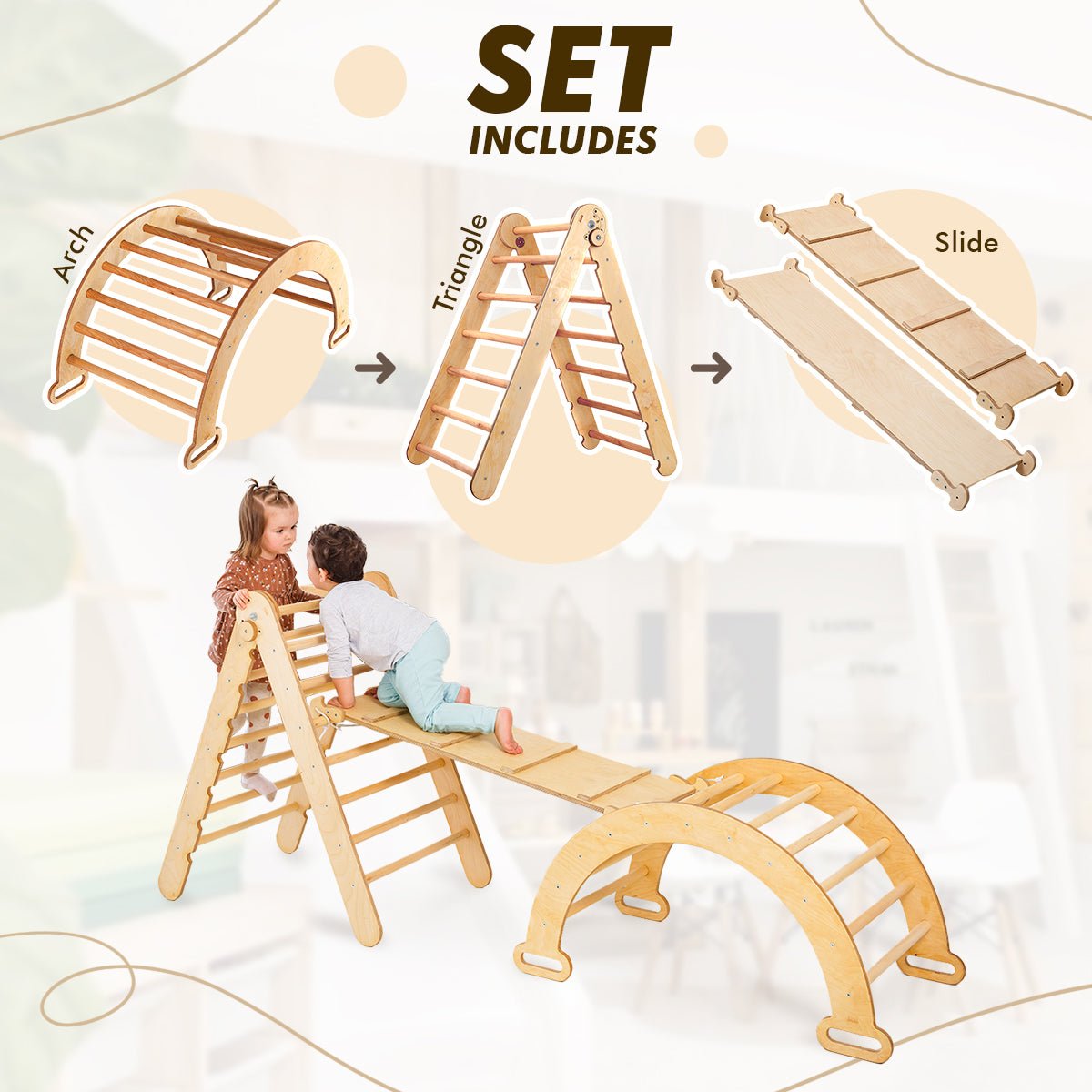 3in1 Montessori Climbing Set: Triangle Ladder + Wooden Arch + Slide Board – Beige NEW by Goodevas