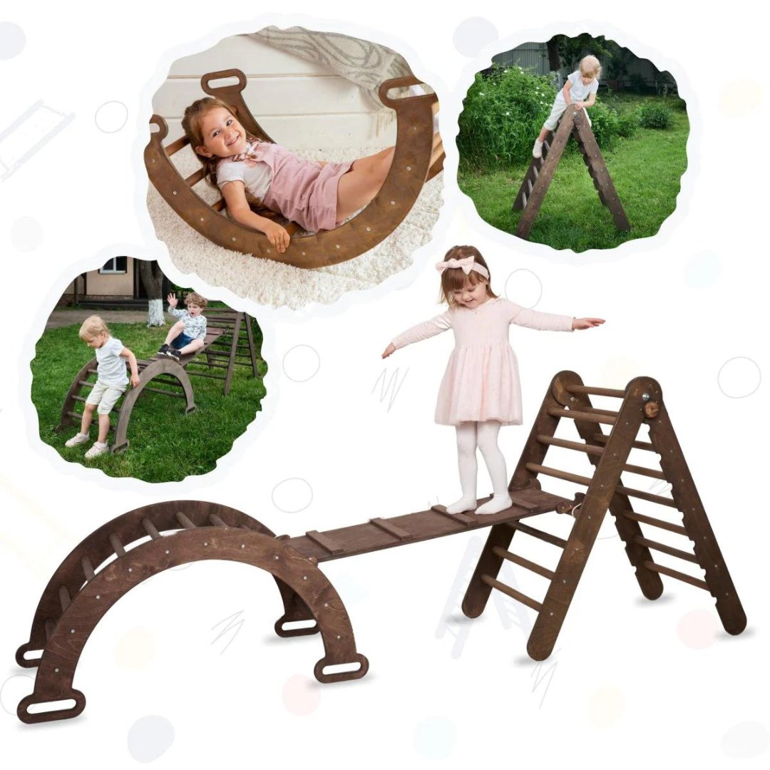 3in1 Montessori Climbing Set: Triangle Ladder + Wooden Arch + Slide Board – Chocolate NEW by Goodevas