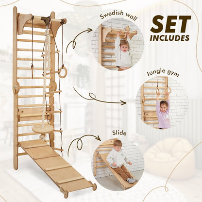 3in1 Wooden Swedish Wall / Climbing ladder for Children + Swing Set + Slide Board by Goodevas