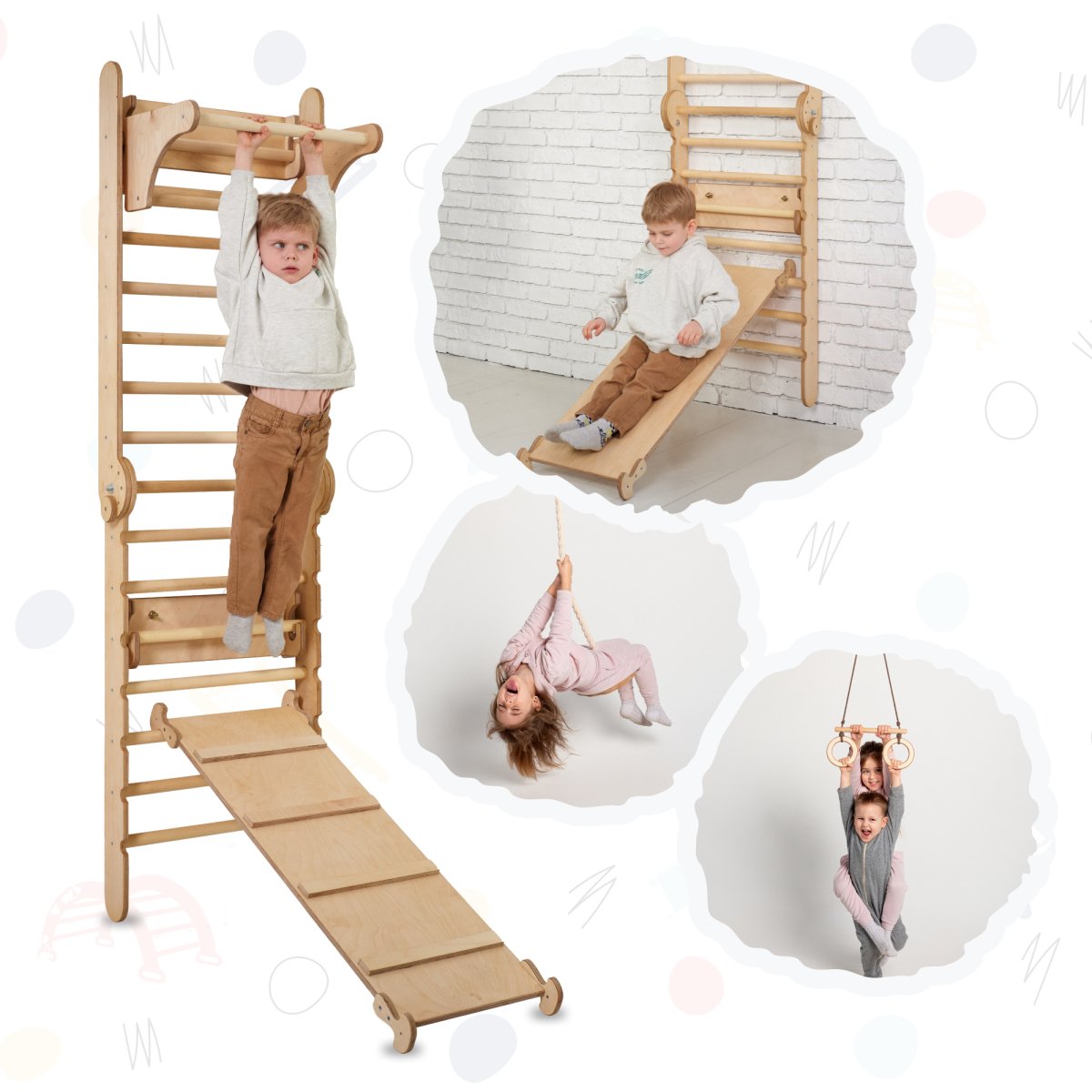 3in1 Wooden Swedish Wall / Climbing ladder for Children + Swing Set + Slide Board by Goodevas