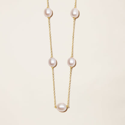 14k Solid Gold Cultured Pearl Station Necklace by Italic