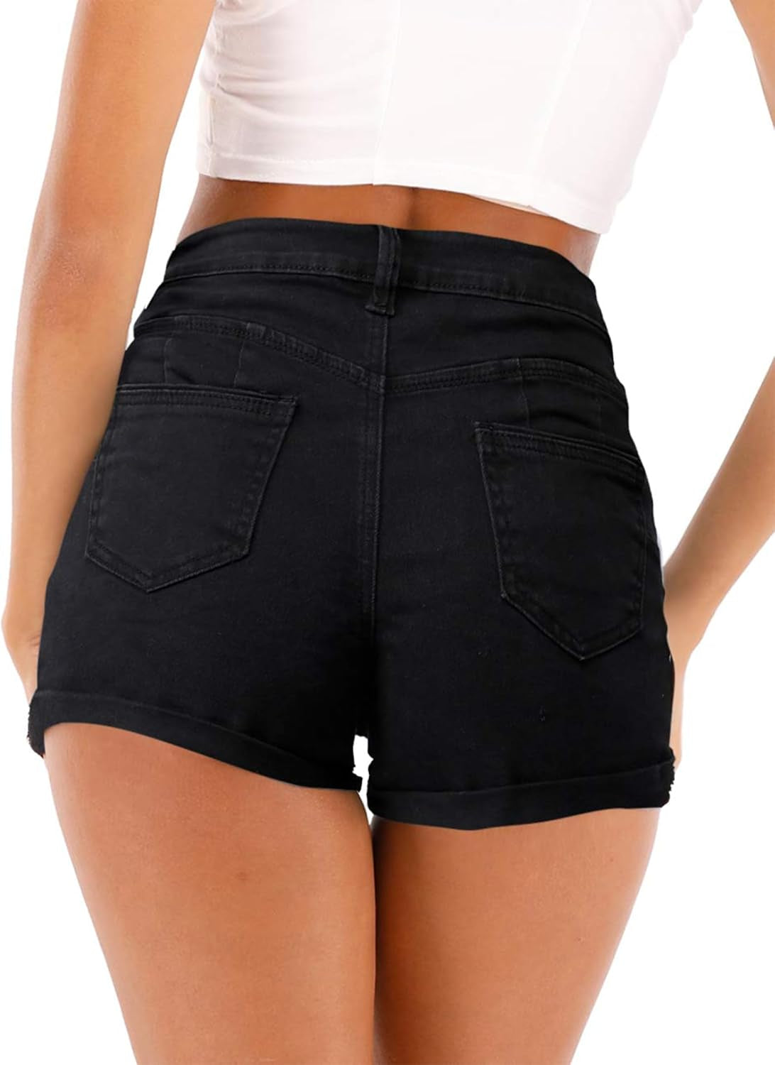Women'S Summer Casual Denim High Waisted Folded Hem Distressed Ripped Jeans Shorts