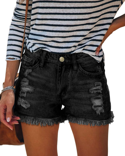 Women'S Denim Shorts Mid Waist Ripped Distressed
