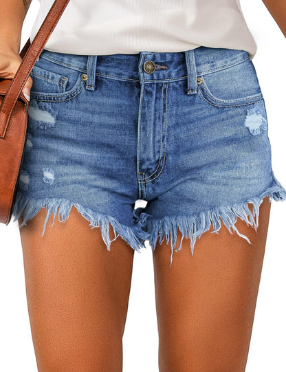 Women Casual High Waisted Denim Shorts Frayed Raw Hem Ripped Jeans Shorts