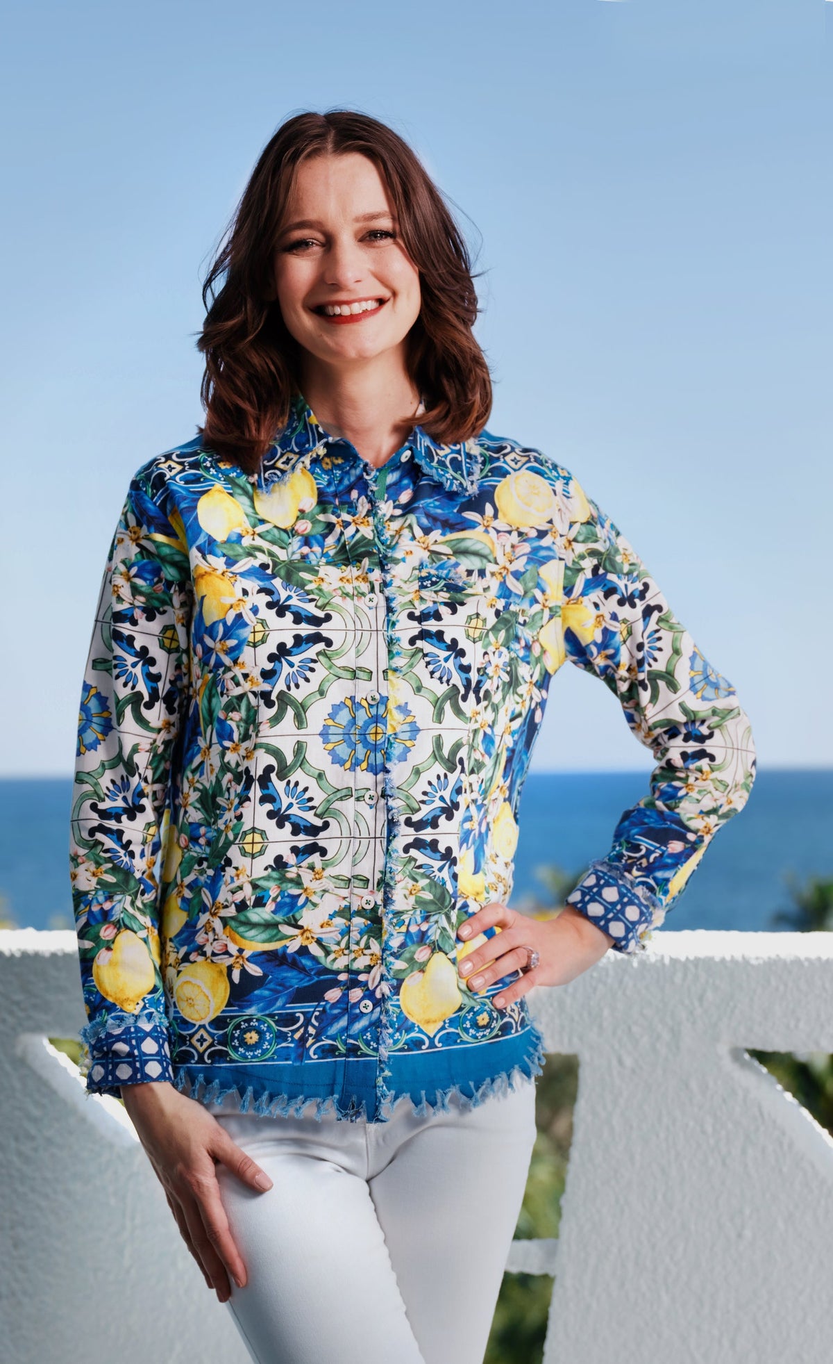 Cape Cod Top Lemons Print On Cotton Linen