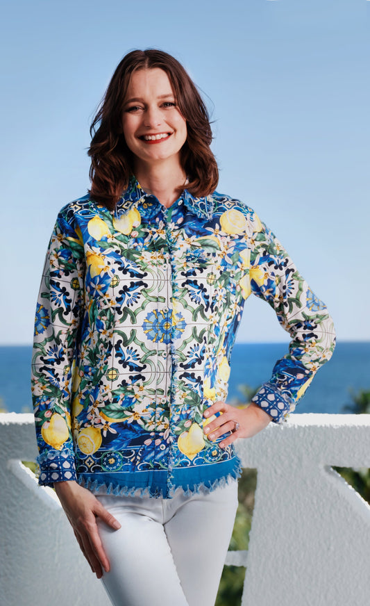 Cape Cod Top Lemons Print On Cotton Linen