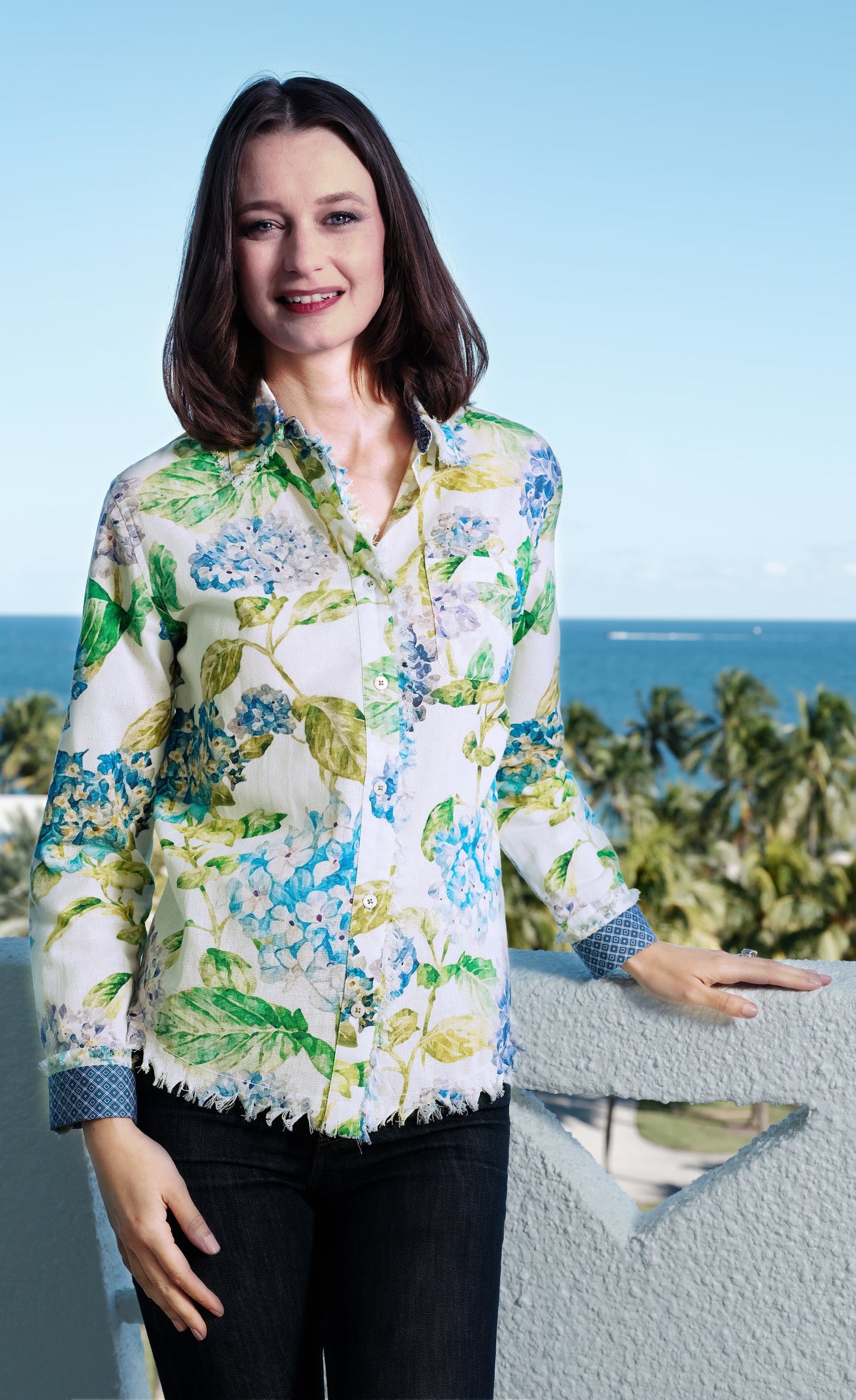 Cape Cod Top Linen Cotton Hydrangea Print Top