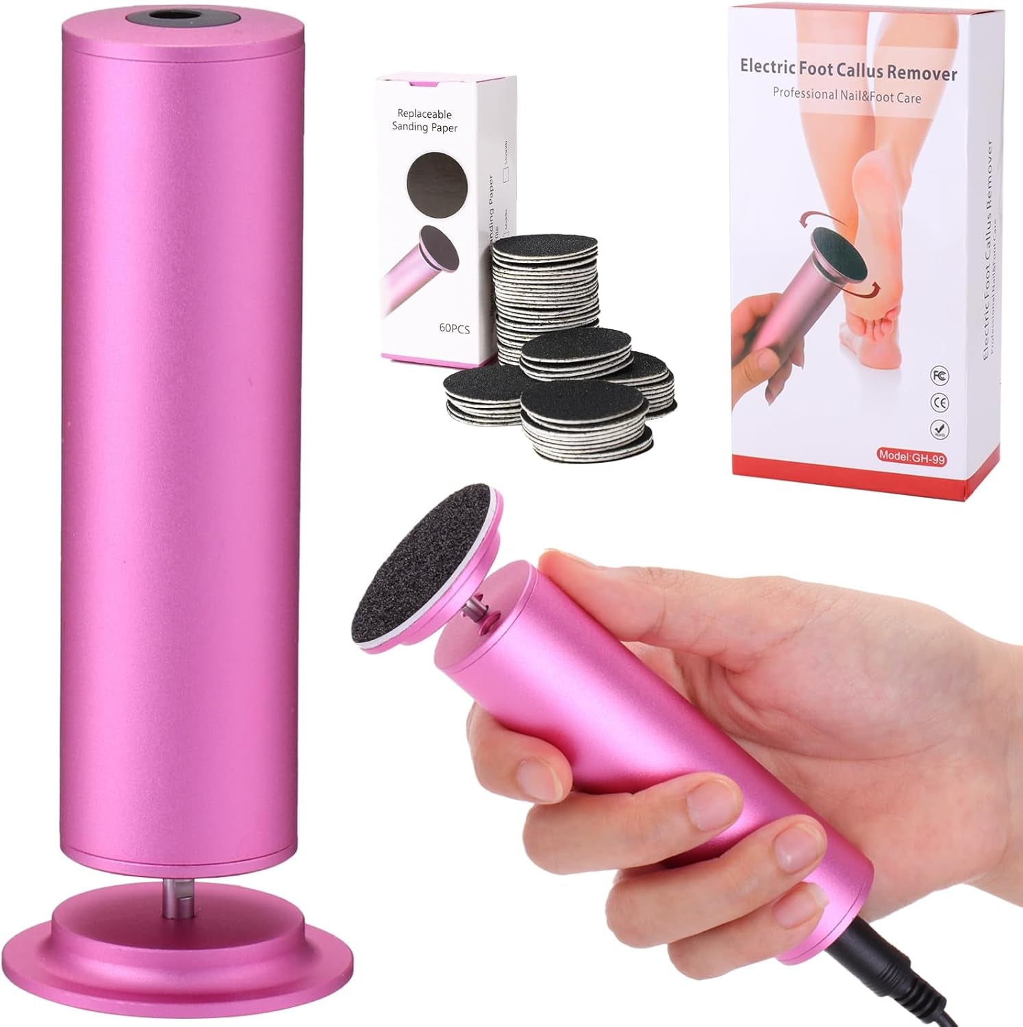 Electric Foot Callus Remover, Adjustable Speed ​​(0-600Rpm), Adjustable Speed Foot Scrubber with 60 Pcs Sandpaper Discs, Electric Callus Remover for Feet,Pedicure Tool for Men and Women,Pink