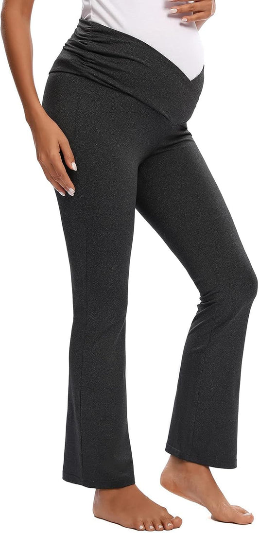 Maternity Pants for Women Bootcut Leg Pregnant Yoga Pants under the Belly for Workout, Office Dark Grey