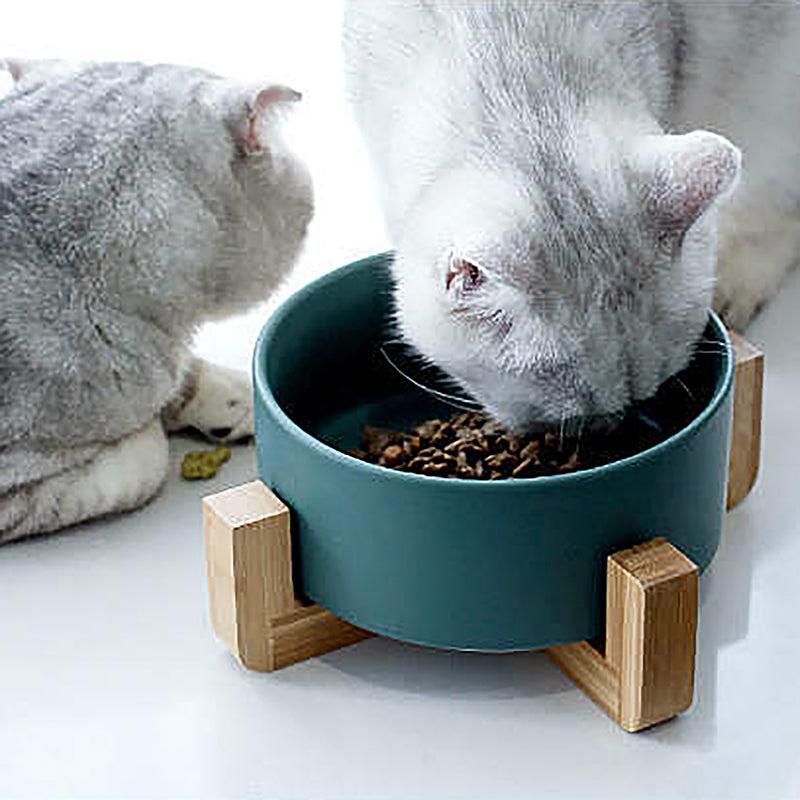 Ceramic Bowl with Bamboo Stand for Dogs & Cats