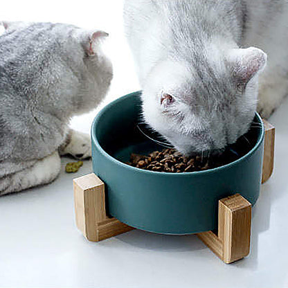 Ceramic Bowl with Bamboo Stand for Dogs & Cats