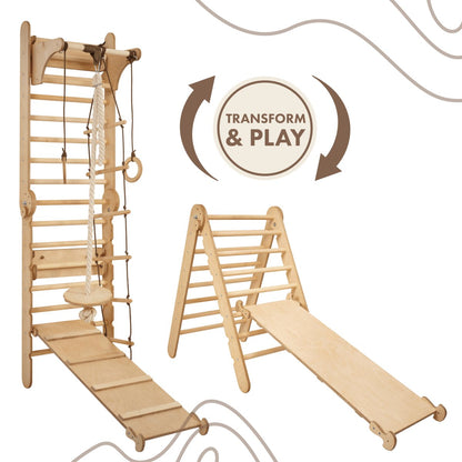 4in1 Climbing Set: Wooden Swedish Wall + Swing Set + Slide Board + Triangle Ladder by Goodevas